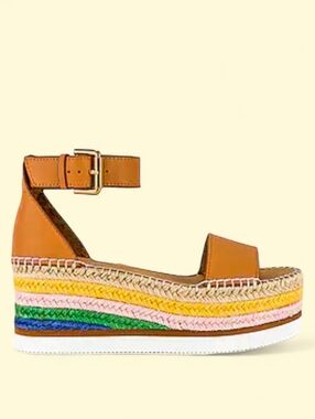 SEE BY CHLOE Rainbow Sandal Leather Jute Platform Espadrille Wedge Logo Tan 37 7